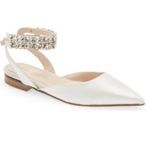 BEAUTIISOLES Cathy Flats 11 White Satin Jewel Ankle Strap Bridal Wedding